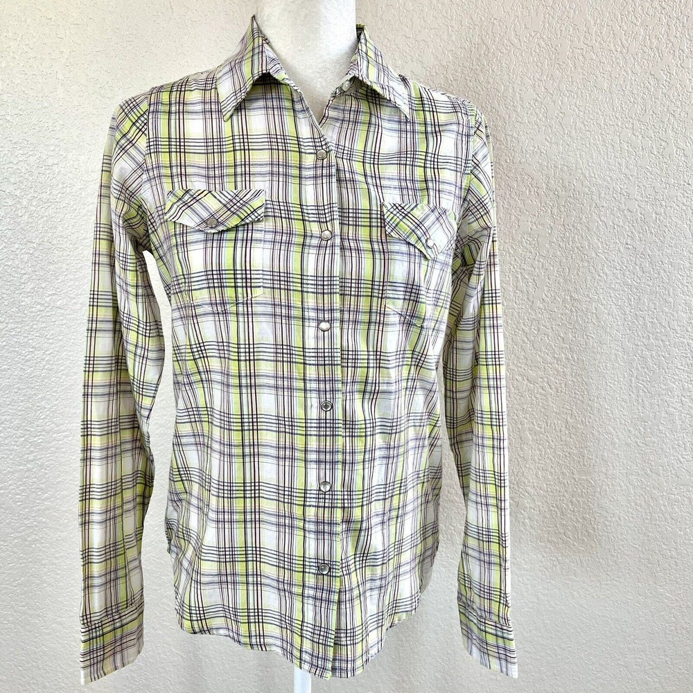 Wrangler Western Wrancher Women Small Pearl Snap Shirt Green Plaid Long Sleeve - Picture 2 of 11
